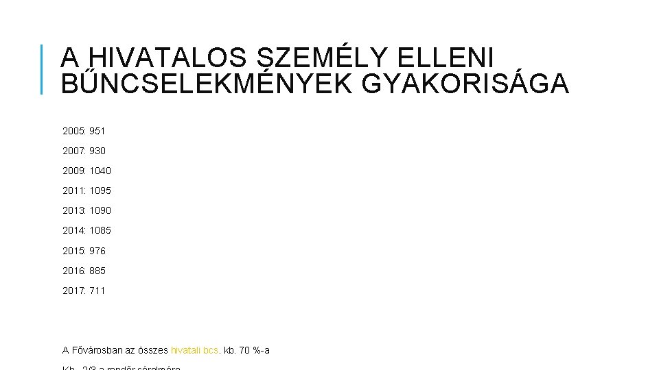 A HIVATALOS SZEMÉLY ELLENI BŰNCSELEKMÉNYEK GYAKORISÁGA 2005: 951 2007: 930 2009: 1040 2011: 1095