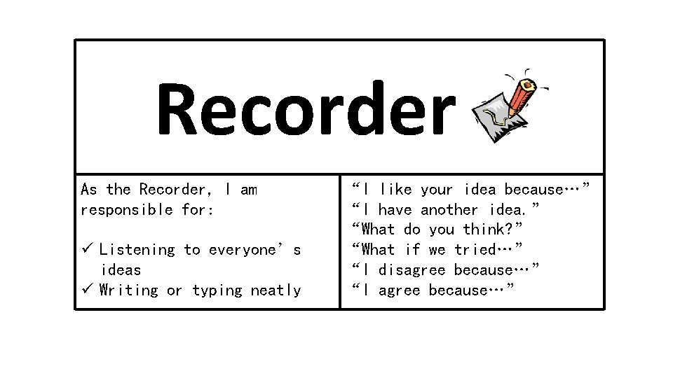 Recorder As the Recorder, I am responsible for: ü Listening to everyone’s ideas ü