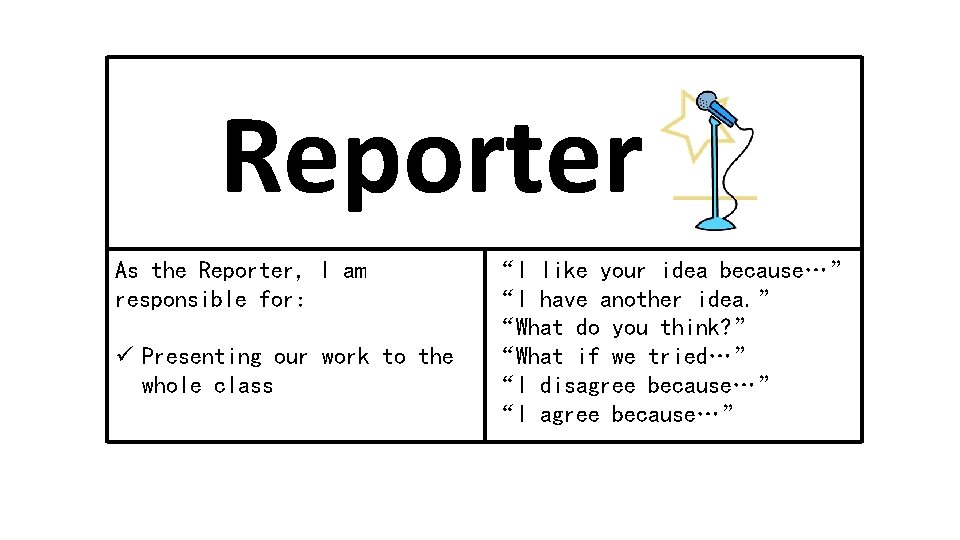 Reporter As the Reporter, I am responsible for: ü Presenting our work to the