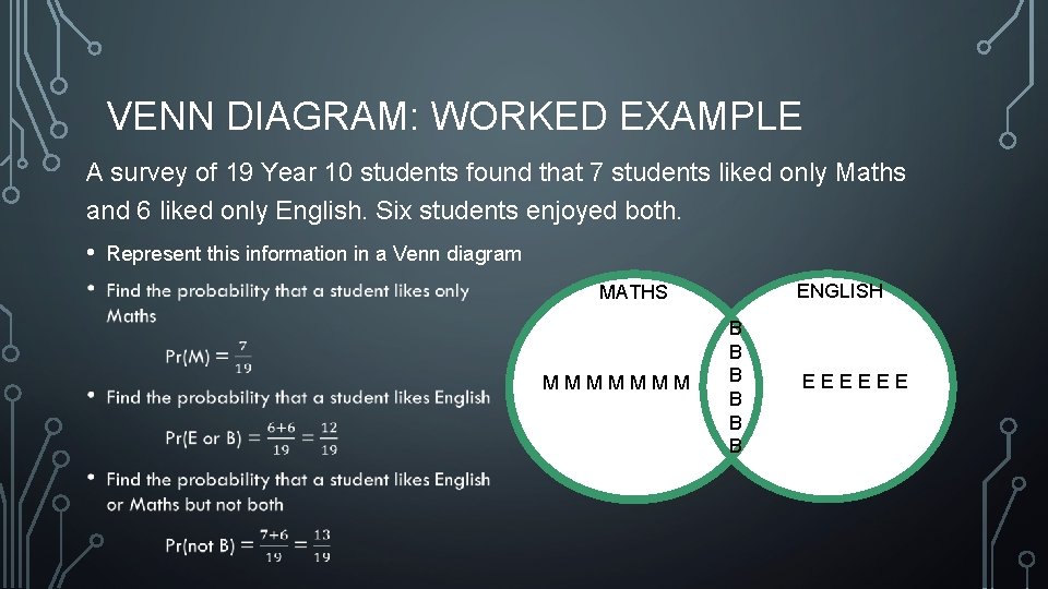 VENN DIAGRAM: WORKED EXAMPLE A survey of 19 Year 10 students found that 7
