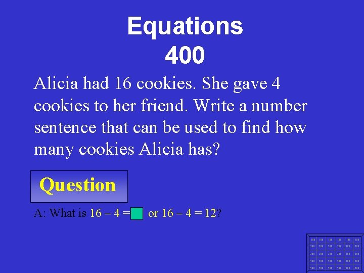 Equations 400 Alicia had 16 cookies. She gave 4 cookies to her friend. Write