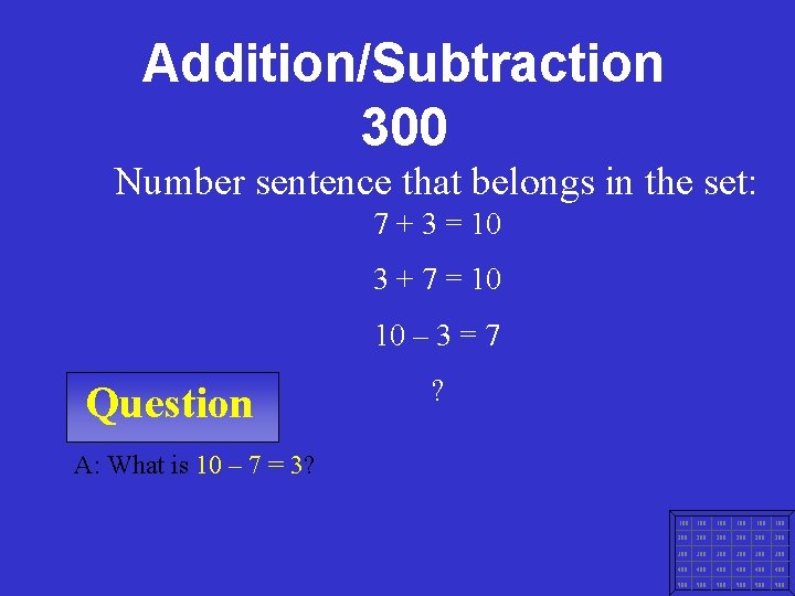 Addition/Subtraction 300 Number sentence that belongs in the set: 7 + 3 = 10