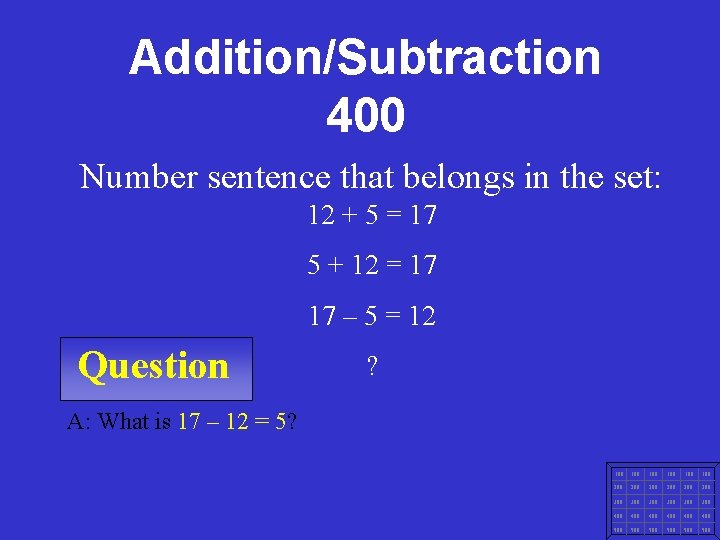 Addition/Subtraction 400 Number sentence that belongs in the set: 12 + 5 = 17