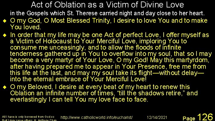 Act of Oblation as a Victim of Divine Love in the Gospels which St.