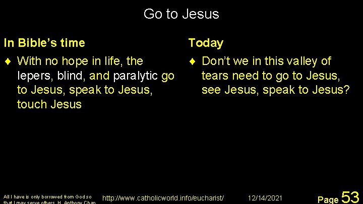 Go to Jesus In Bible’s time ¨ With no hope in life, the lepers,