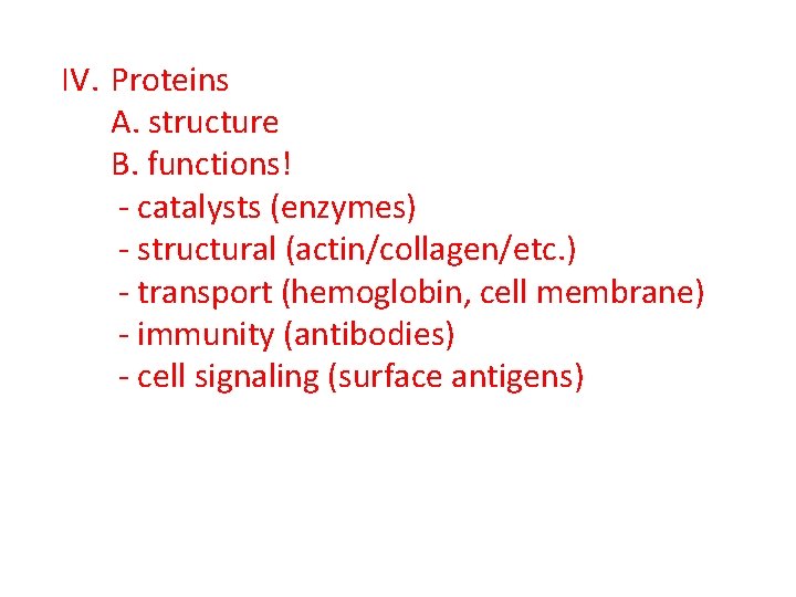 IV. Proteins A. structure B. functions! - catalysts (enzymes) - structural (actin/collagen/etc. ) - IV. Proteins A. structure B. functions! - catalysts (enzymes) - structural (actin/collagen/etc. ) -