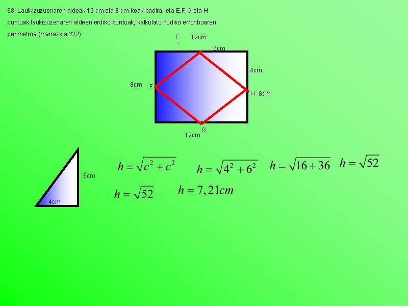 68. Lauikizuzuenaren aldeak 12 cm eta 8 cm-koak badira, eta E, F, G eta
