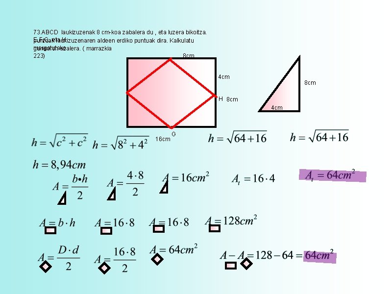 73. ABCD laukizuzenak 8 cm-koa zabalera du , eta luzera bikoitza. E, F, G,