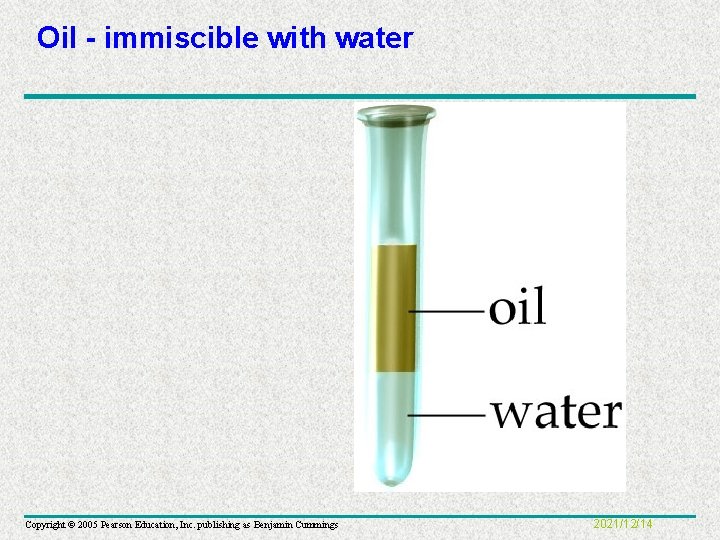 Oil - immiscible with water Copyright © 2005 Pearson Education, Inc. publishing as Benjamin