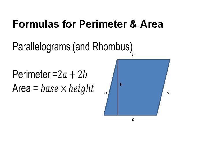 Formulas for Perimeter & Area • b h a a b 