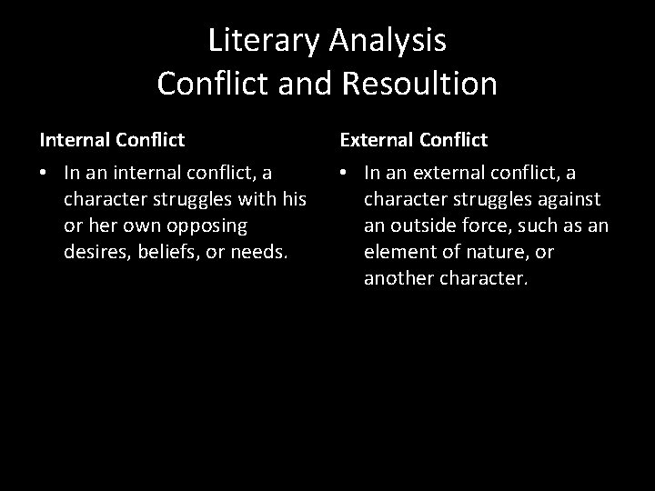 Literary Analysis Conflict and Resoultion Internal Conflict External Conflict • In an internal conflict,