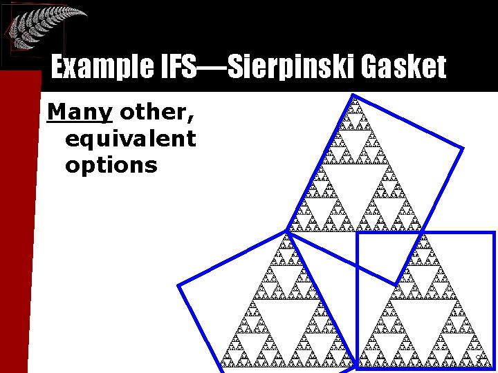 Example IFS—Sierpinski Gasket Many other, equivalent options 9 Example IFS—Sierpinski Gasket Many other, equivalent options 9