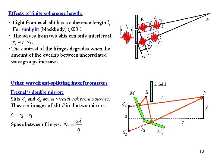 Effects of finite coherence length: • Light from each slit has a coherence length Effects of finite coherence length: • Light from each slit has a coherence length