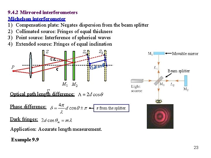 9. 4. 2 Mirrored interferometers Michelson interferometer 1) Compensation plate: Negates dispersion from the 9. 4. 2 Mirrored interferometers Michelson interferometer 1) Compensation plate: Negates dispersion from the