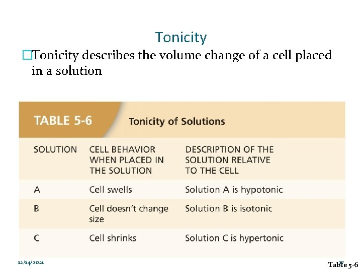 Tonicity �Tonicity describes the volume change of a cell placed in a solution 12/14/2021