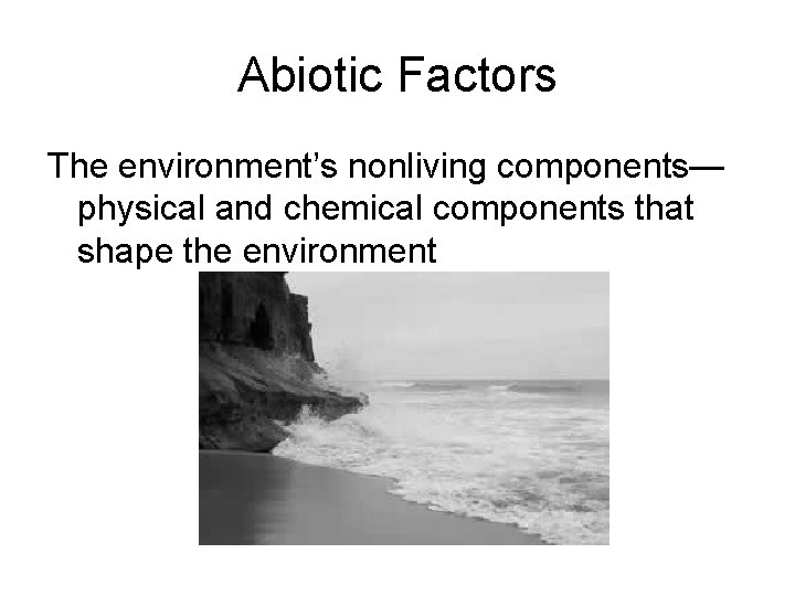 Abiotic Factors The environment’s nonliving components— physical and chemical components that shape the environment Abiotic Factors The environment’s nonliving components— physical and chemical components that shape the environment