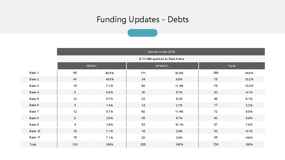 Funding Updates - Debts Annual Limits 2019 $ XX MM apprised by Bank Name