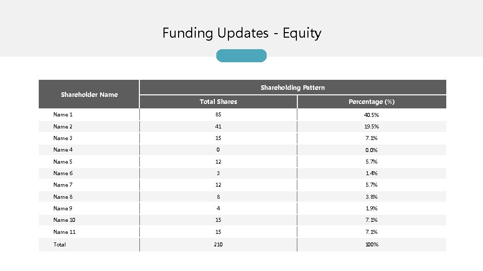 Funding Updates - Equity Shareholder Name Shareholding Pattern Total Shares Percentage (%) Name 1