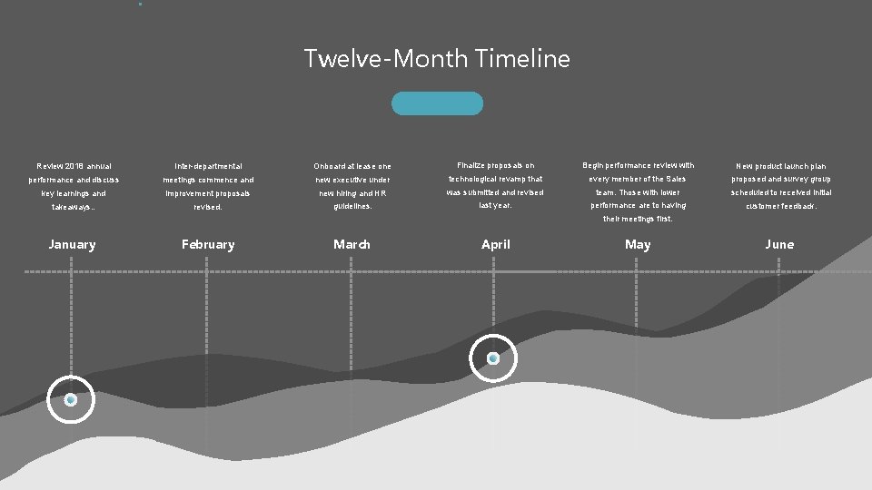 Twelve-Month Timeline Review 2018 annual Inter-departmental Onboard at lease one Finalize proposals on Begin