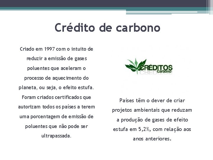 Crédito de carbono Criado em 1997 com o intuito de reduzir a emissão de