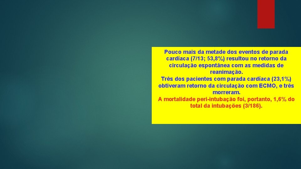 Pouco mais da metade dos eventos de parada cardíaca (7/13; 53, 8%) resultou no