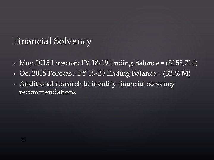 Financial Solvency • • • May 2015 Forecast: FY 18 -19 Ending Balance =