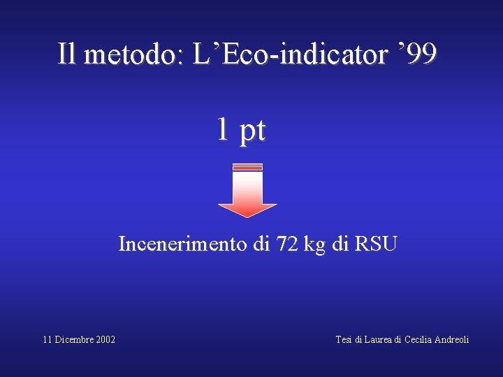 Il metodo: L’Eco-indicator ’ 99 1 pt Incenerimento di 72 kg di RSU 11