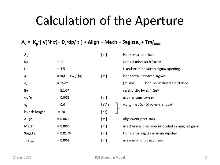 Calculation of the Aperture Ax = Kβ [ √(N σ)+ Dx dp/p ] +