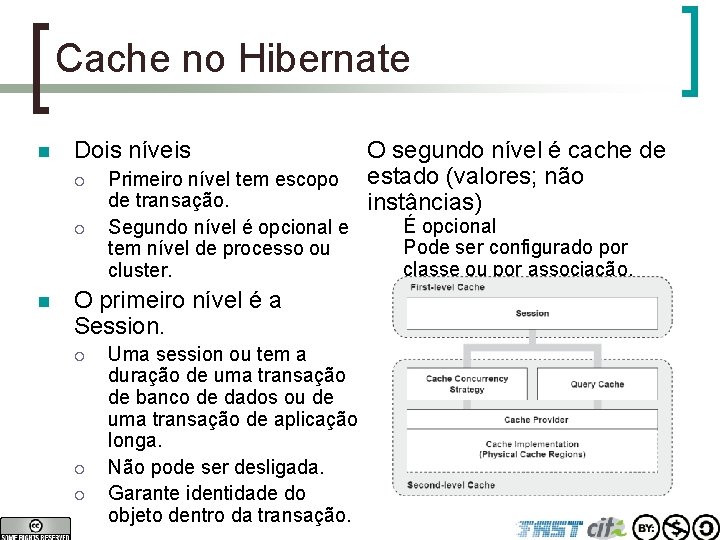 Cache no Hibernate n Dois níveis ¡ ¡ n Primeiro nível tem escopo de