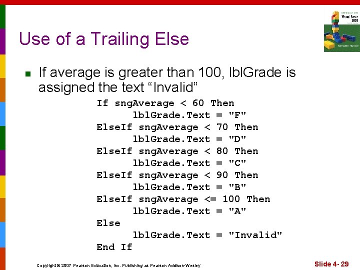 Use of a Trailing Else n If average is greater than 100, lbl. Grade