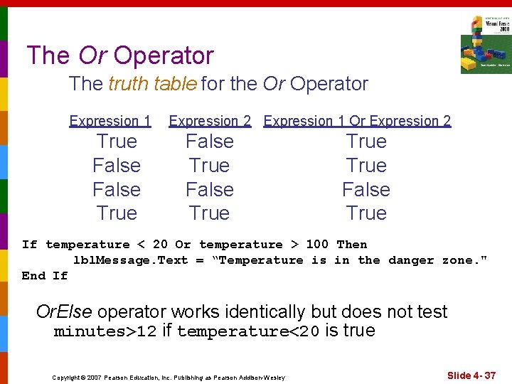 The Or Operator The truth table for the Or Operator Expression 1 True False