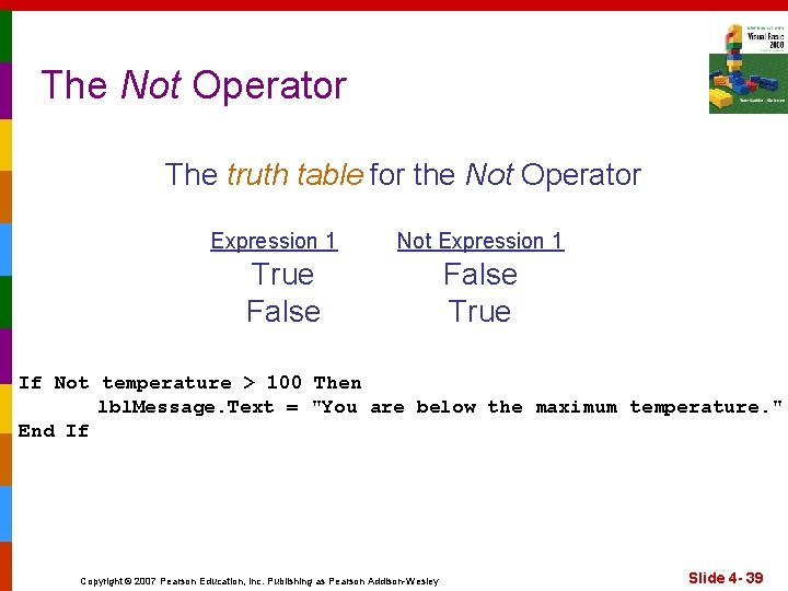 The Not Operator The truth table for the Not Operator Expression 1 Not Expression