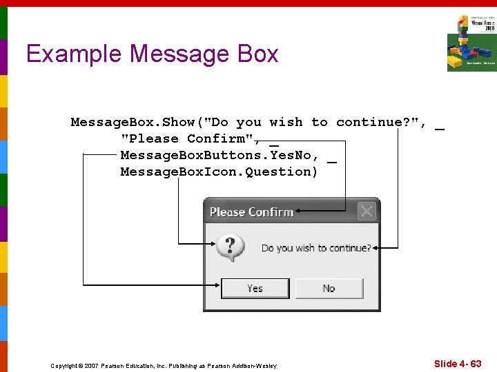 Example Message Box Message. Box. Show("Do you wish to continue? ", _ "Please Confirm",