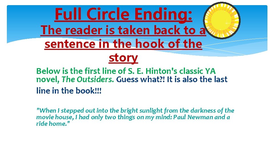 Full Circle Ending: The reader is taken back to a sentence in the hook