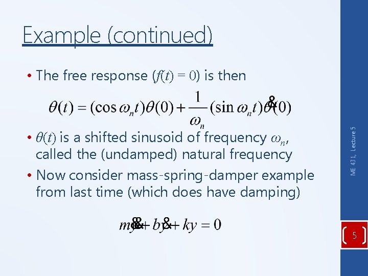 Example (continued) • θ(t) is a shifted sinusoid of frequency ωn, called the (undamped) Example (continued) • θ(t) is a shifted sinusoid of frequency ωn, called the (undamped)