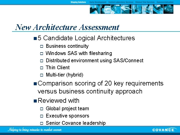 New Architecture Assessment n 5 Candidate Logical Architectures o o o Business continuity Windows