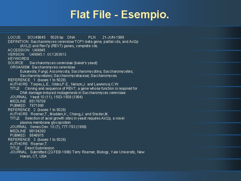 Flat File - Esempio. LOCUS SCU 49845 5028 bp DNA PLN 21 -JUN-1999 DEFINITION