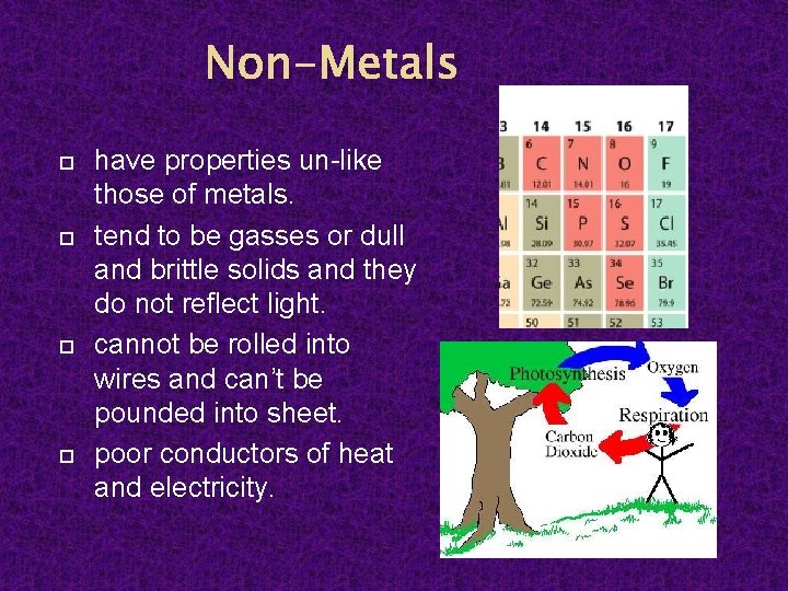 Non-Metals have properties un-like those of metals. tend to be gasses or dull and