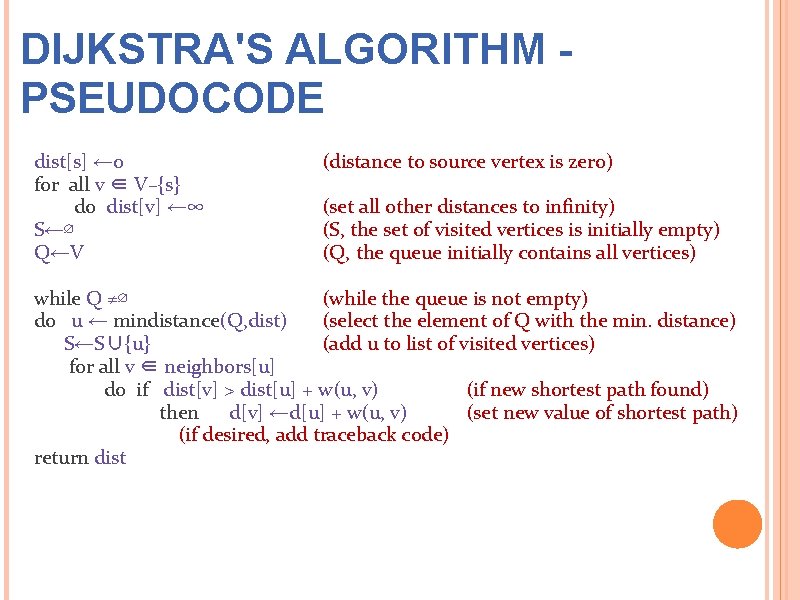 DIJKSTRA'S ALGORITHM PSEUDOCODE dist[s] ← 0 for all v ∈ V–{s} do dist[v] ←∞