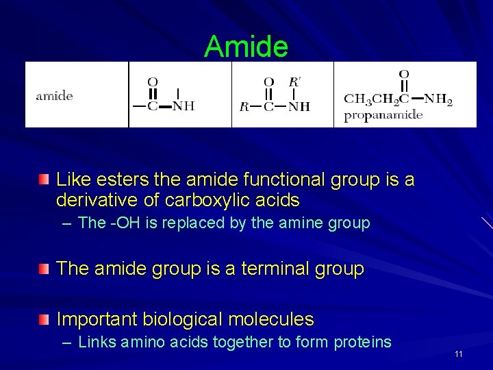 Amide Like esters the amide functional group is a derivative of carboxylic acids –