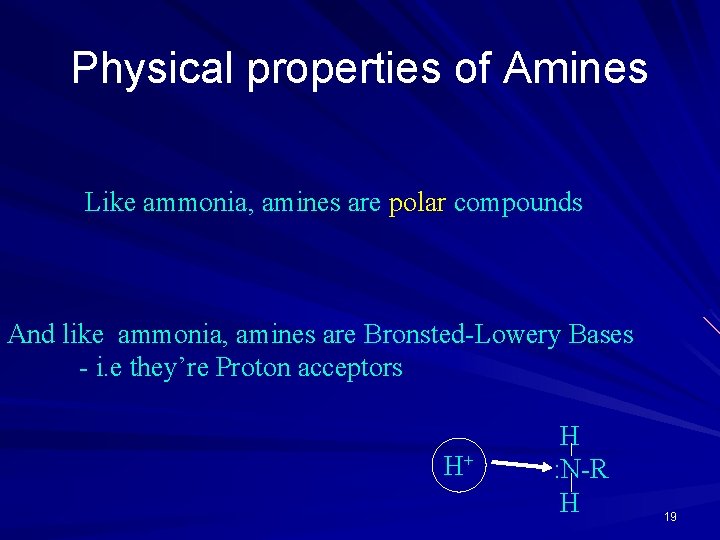 Physical properties of Amines Like ammonia, amines are polar compounds And like ammonia, amines