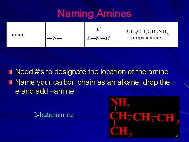 Naming Amines Need #’s to designate the location of the amine Name your carbon