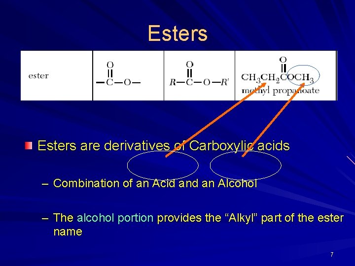 Esters are derivatives of Carboxylic acids – Combination of an Acid an Alcohol –