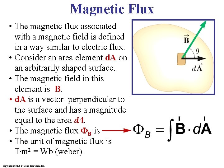 Magnetic Flux • The magnetic flux associated with a magnetic field is defined in