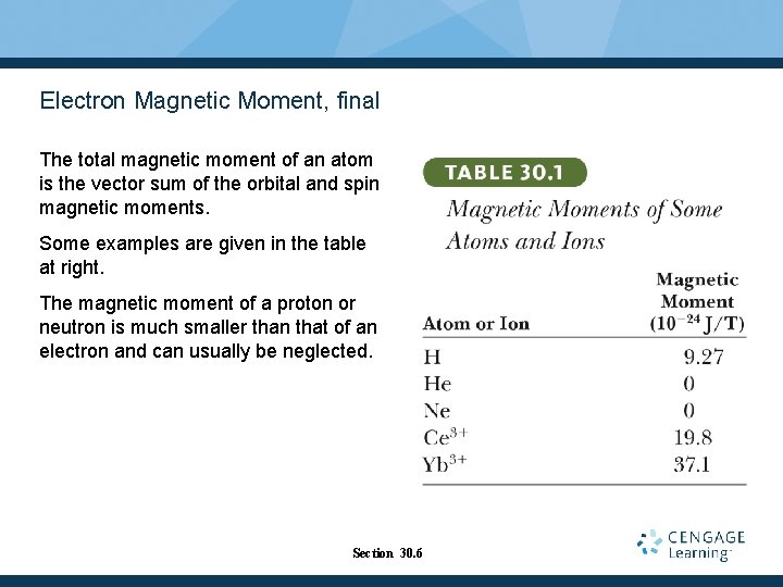 Electron Magnetic Moment, final The total magnetic moment of an atom is the vector