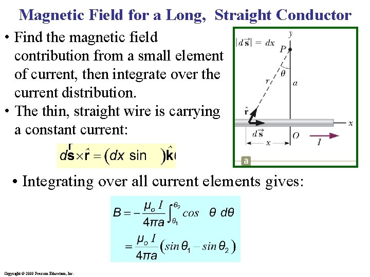 Magnetic Field for a Long, Straight Conductor • Find the magnetic field contribution from
