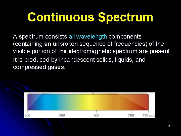 Continuous Spectrum A spectrum consists all wavelength components (containing an unbroken sequence of frequencies)