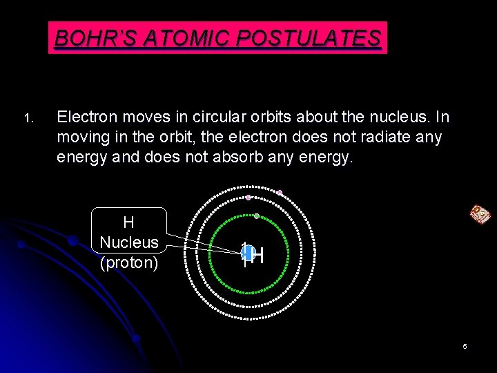 BOHR’S ATOMIC POSTULATES 1. Electron moves in circular orbits about the nucleus. In moving