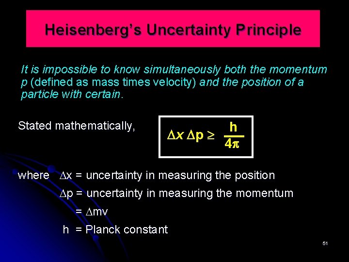 Heisenberg’s Uncertainty Principle It is impossible to know simultaneously both the momentum p (defined