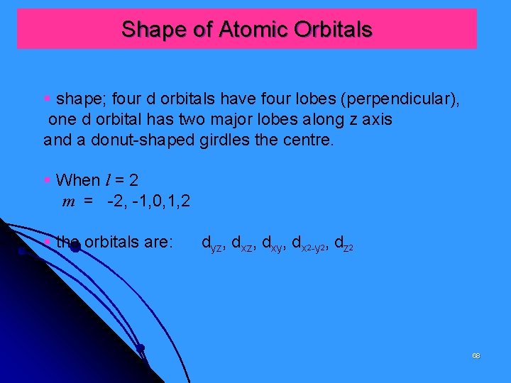 Shape of Atomic Orbitals § shape; four d orbitals have four lobes (perpendicular), one